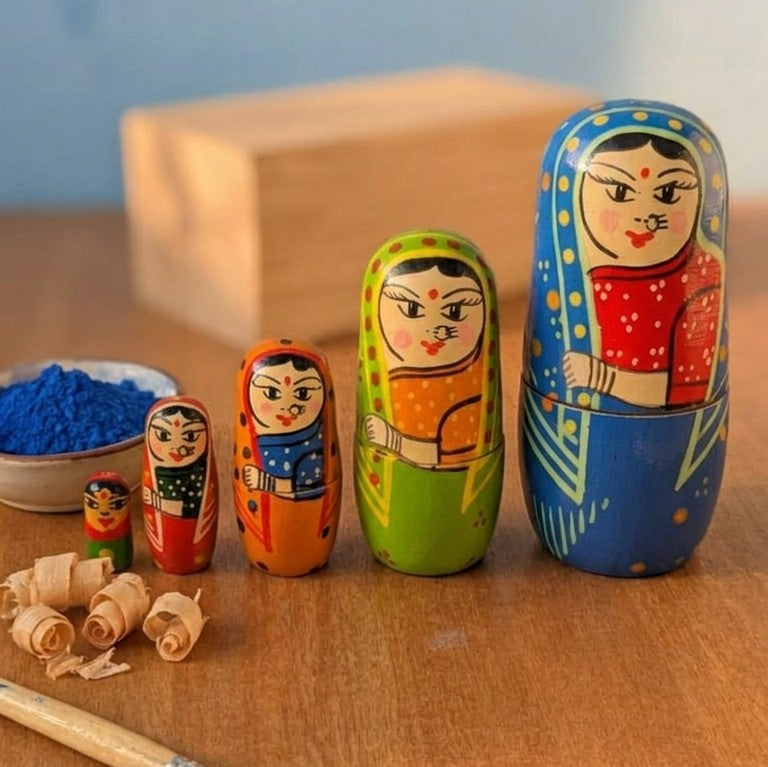 Wooden Indian Women Nesting Dolls – 5-Piece Matryoshka Set