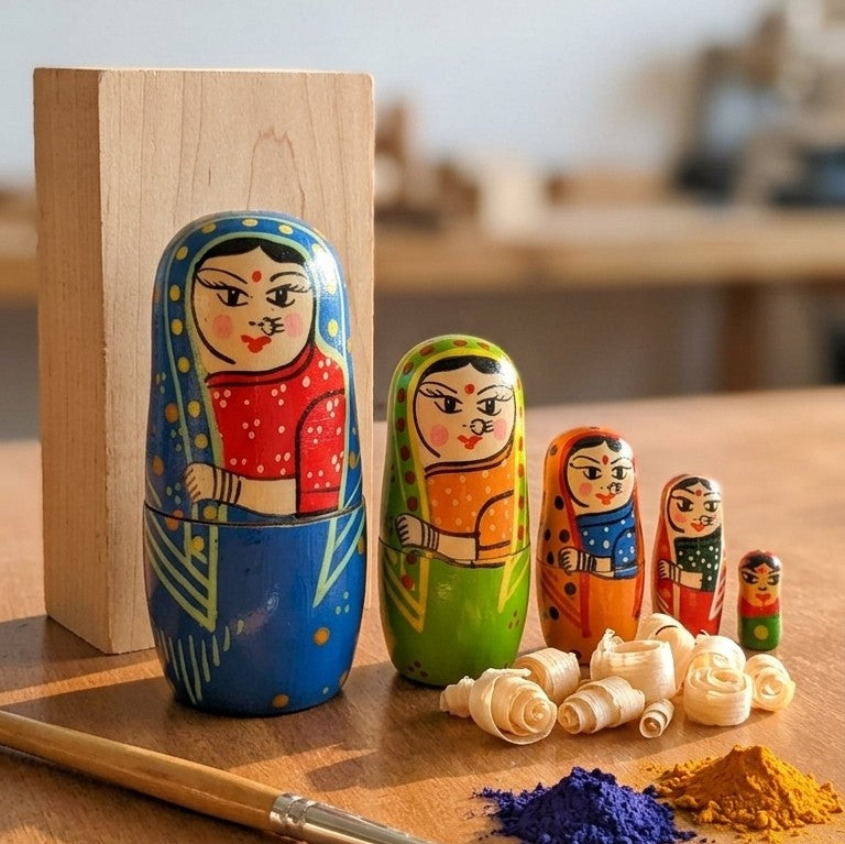 Wooden Indian Women Nesting Dolls – 5-Piece Matryoshka Set