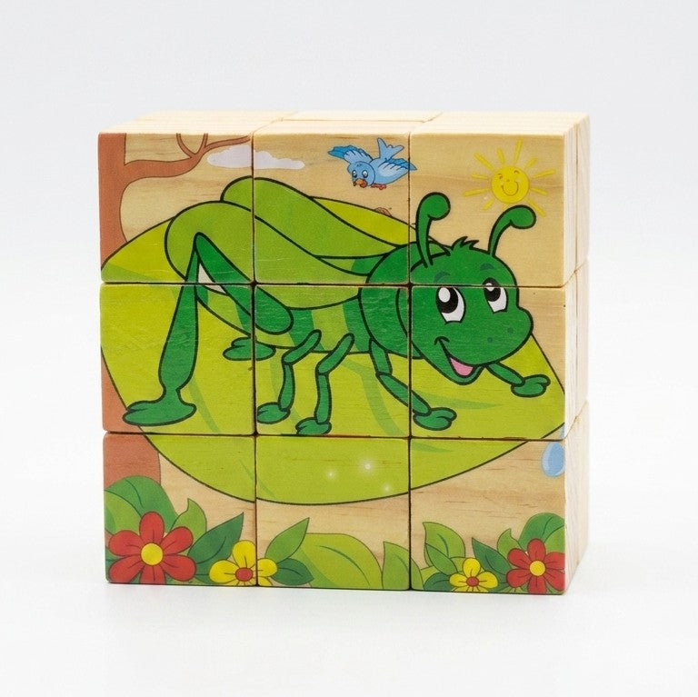 Wooden 6-in-1 Insect Cube Puzzle – 9-Piece 3D Brain Teaser Block Set