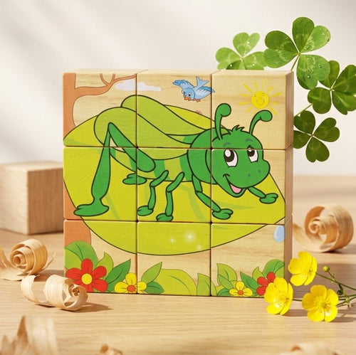 Wooden 6-in-1 Insect Cube Puzzle – 9-Piece 3D Brain Teaser Block Set