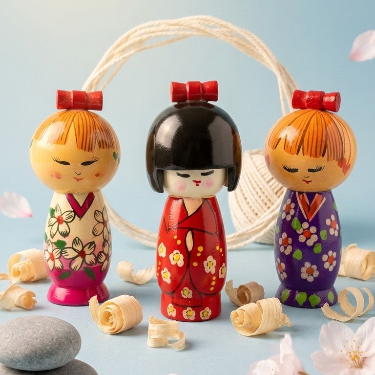 Wooden Japanese Kokeshi Dolls – Set of 3 Hand-Painted Blossom Dolls