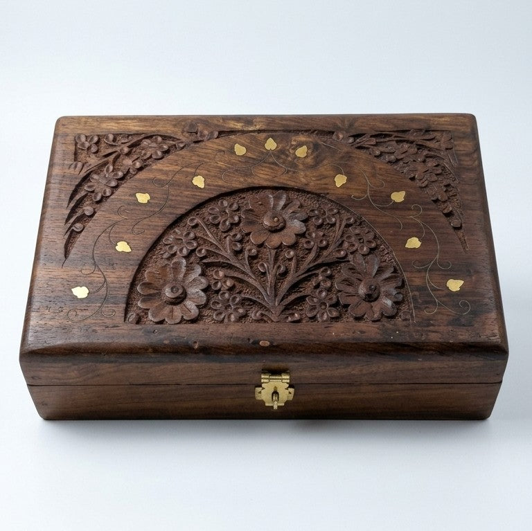 Wooden Carved Heirloom Jewelry Box (Large) – Velvet Lined Storage Chest