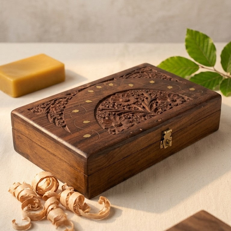 Wooden Carved Heirloom Jewelry Box (Large) – Velvet Lined Storage Chest