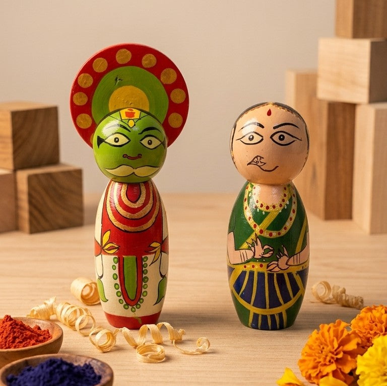 Wooden Kathakali & Mohiniyattam Dancers – Set of 2 Kerala Dance Dolls