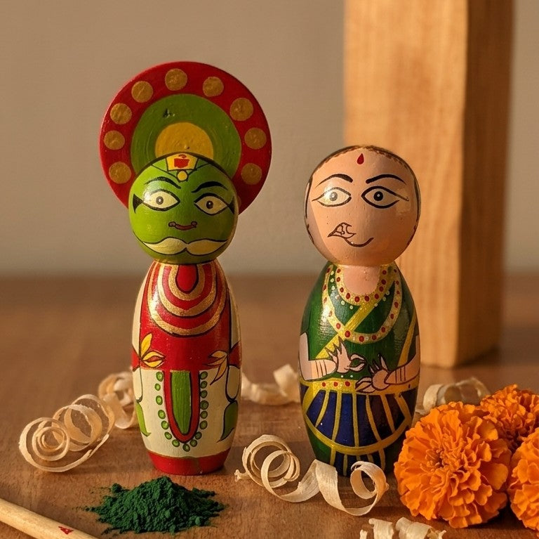 Wooden Kathakali & Mohiniyattam Dancers – Set of 2 Kerala Dance Dolls