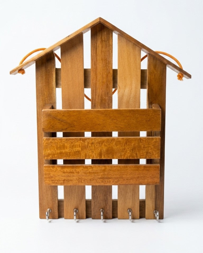 Wooden Hut Key Holder & Mail Organizer – Wall-Mounted Entryway Rack