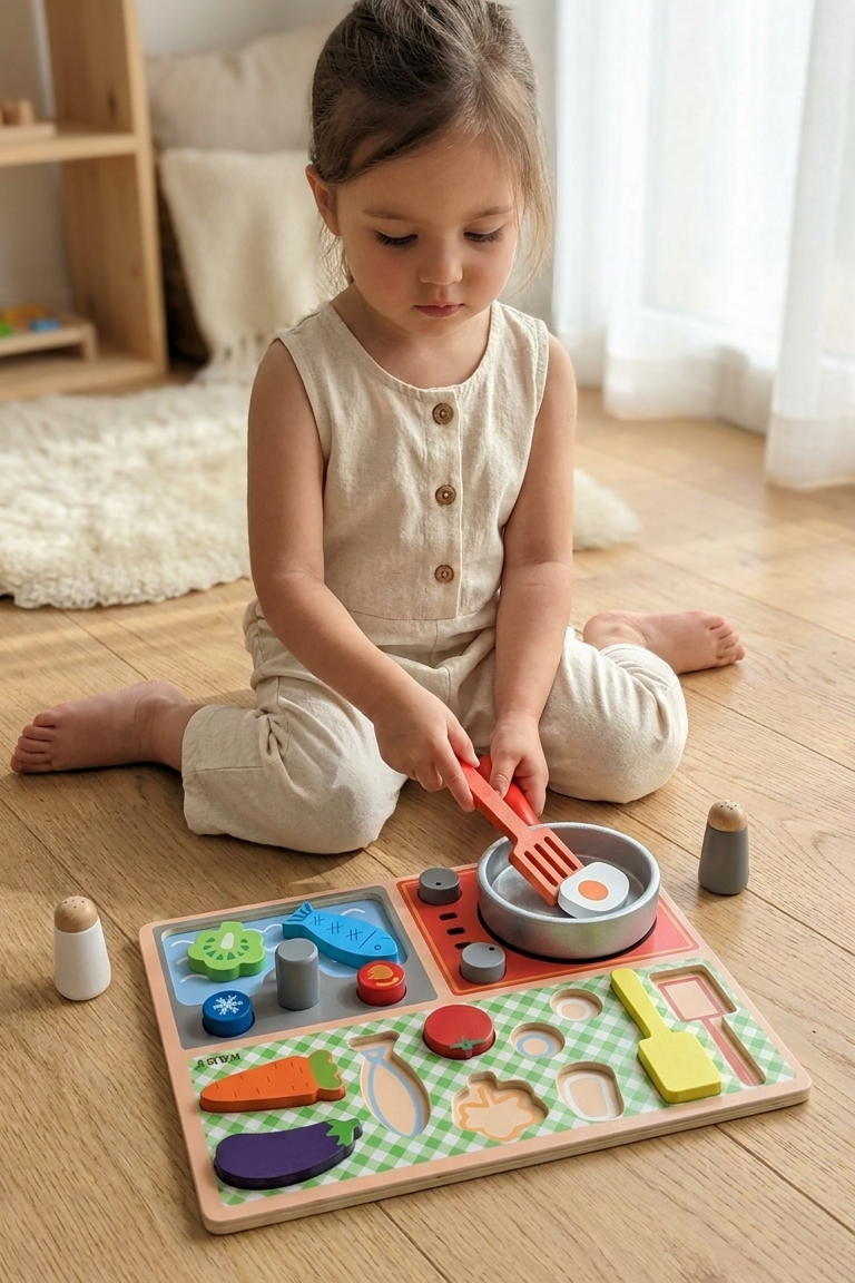 Wooden Kitchen Play Set – Pretend Cooking & Food Puzzle Toy