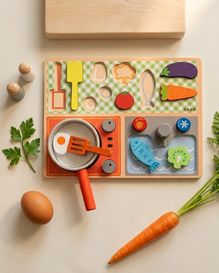 Wooden Kitchen Play Set – Pretend Cooking & Food Puzzle Toy