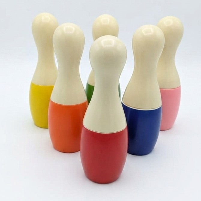 Wooden Mini Bowling Pins Set – 6 Rainbow Skittles with Ball