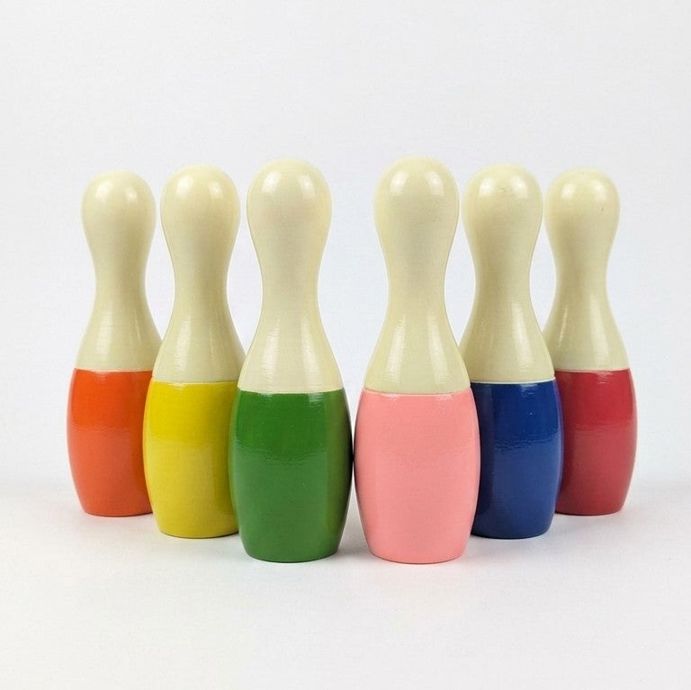Wooden Mini Bowling Pins Set – 6 Rainbow Skittles with Ball