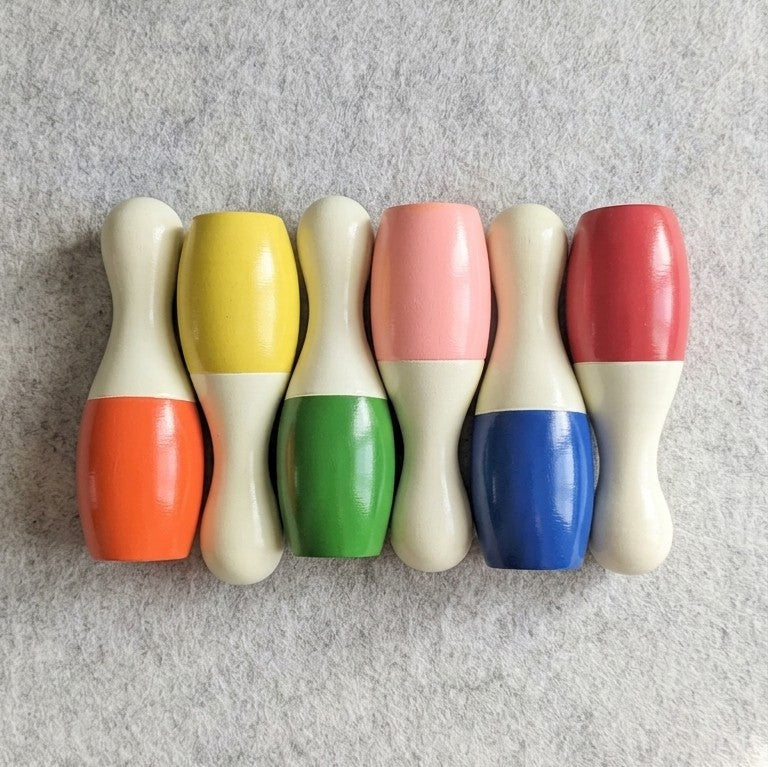 Wooden Mini Bowling Pins Set – 6 Rainbow Skittles with Ball