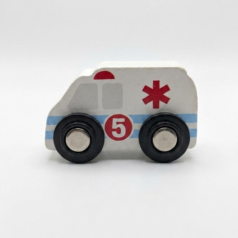 Wooden Mini Ambulance Emergency Toy – White Rescue Vehicle