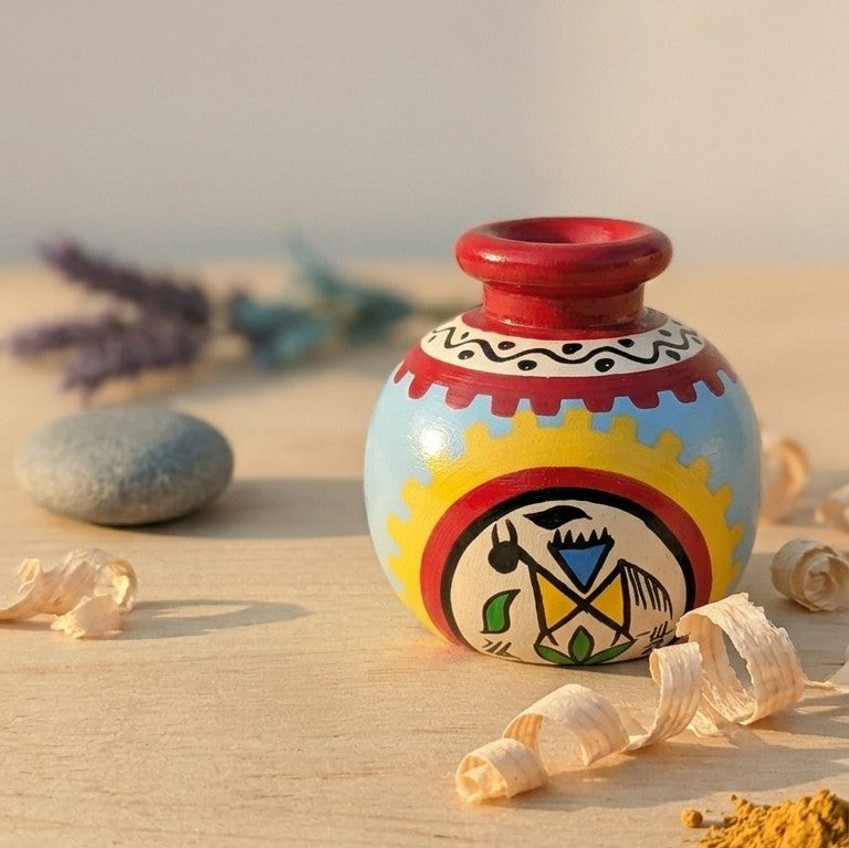 Wooden Miniature Bud Vase (Sky Blue) – Handcrafted Warli Art Pot