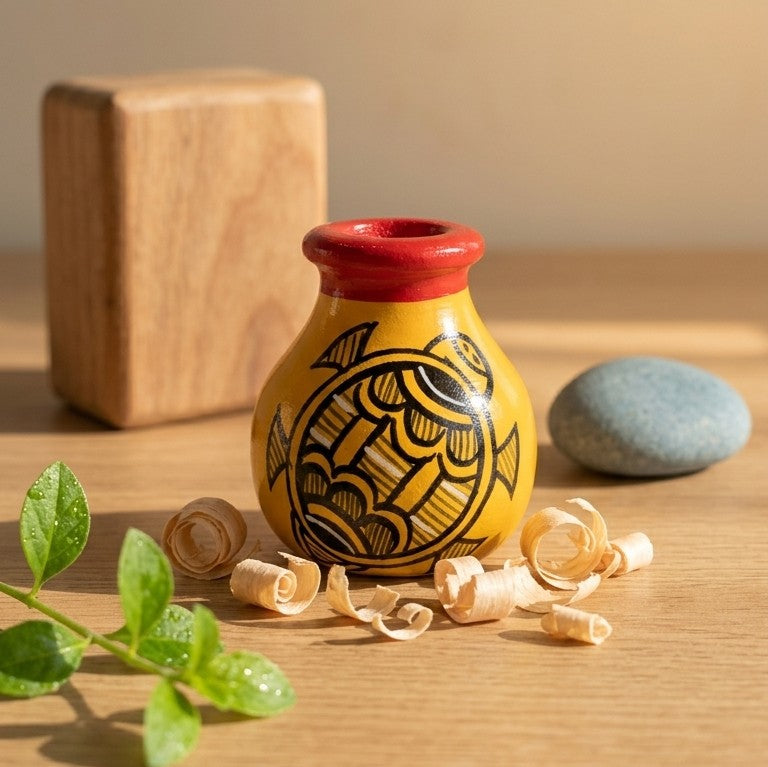 Wooden Miniature Bud Vase (Madhubani) – Folk Art Animal Motif Pot
