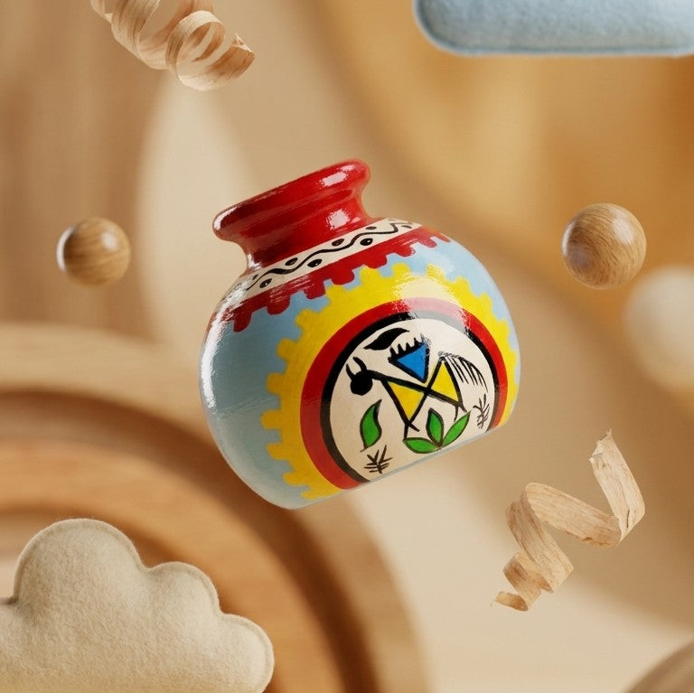 Wooden Miniature Bud Vase (Sky Blue) – Handcrafted Warli Art Pot