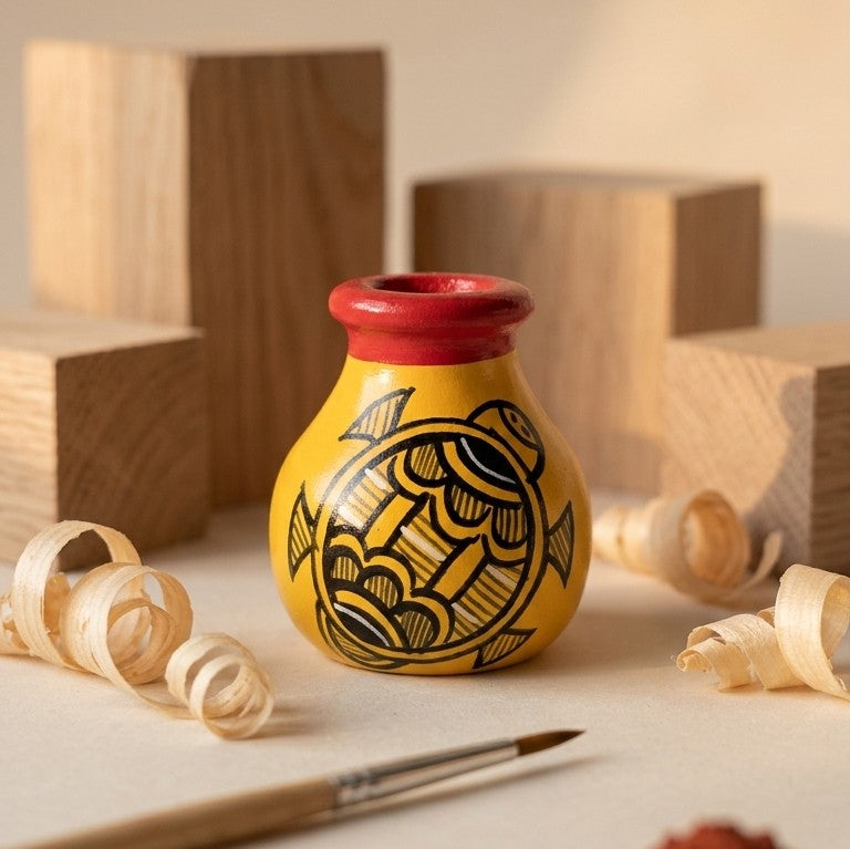 Wooden Miniature Bud Vase (Madhubani) – Folk Art Animal Motif Pot