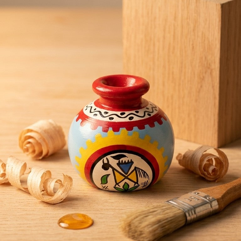 Wooden Miniature Bud Vase (Sky Blue) – Handcrafted Warli Art Pot