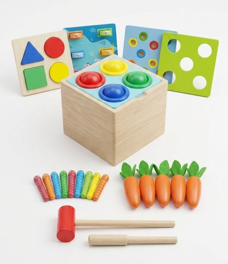 5-in-1 Montessori Wooden Activity Box – Shape Sorter & Fishing Set