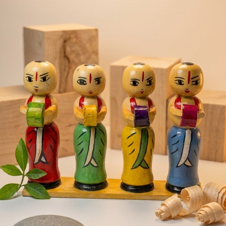 Wooden Indian Kirtan Troupe on Base – Set of 4 Bhajan Musicians