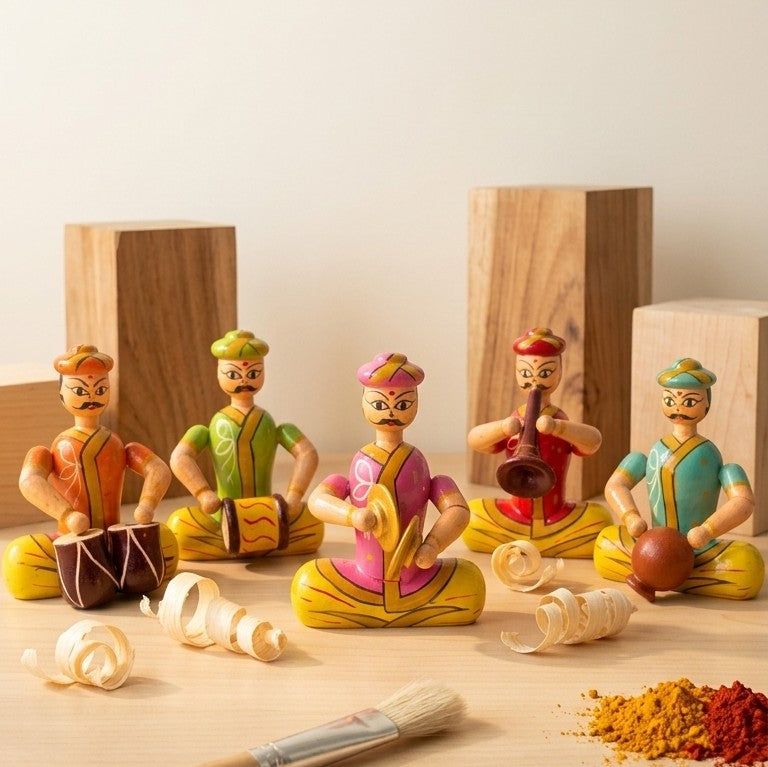 Wooden Indian Folk Musicians – 5-Piece Sangeet Mandali Troupe