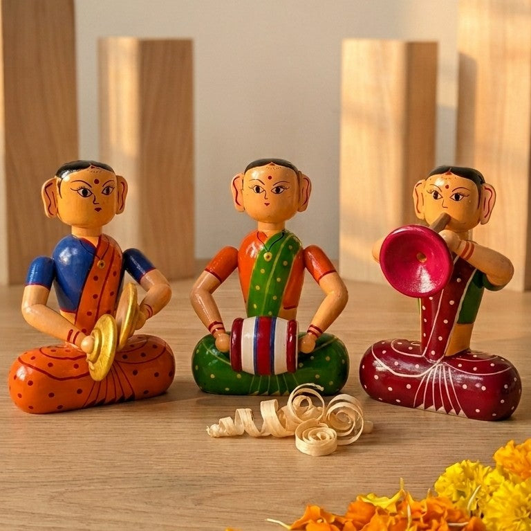 Wooden Royal Lady Musicians Ensemble – Set of 3 Folk Art Statues