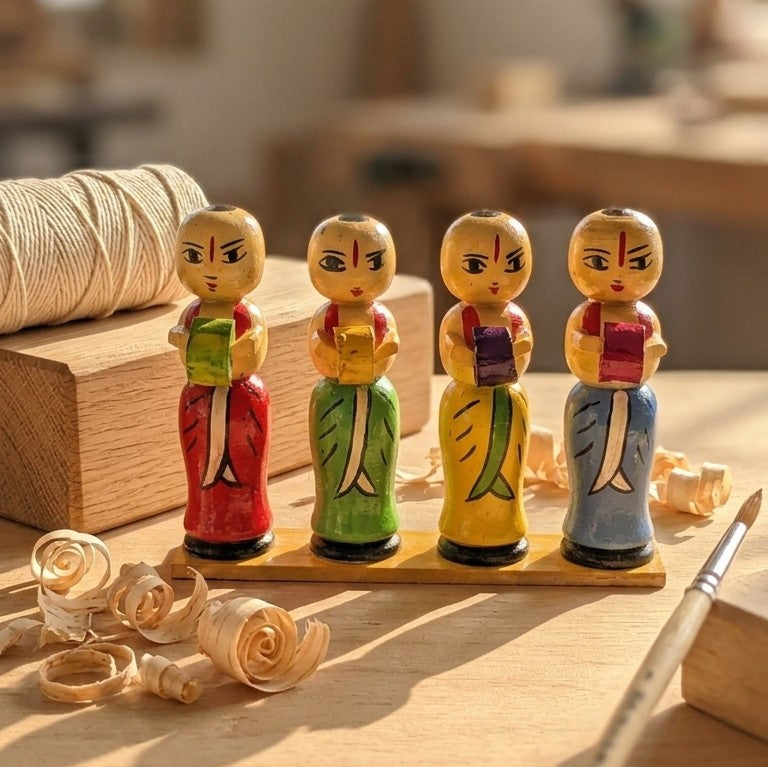 Wooden Indian Kirtan Troupe on Base – Set of 4 Bhajan Musicians