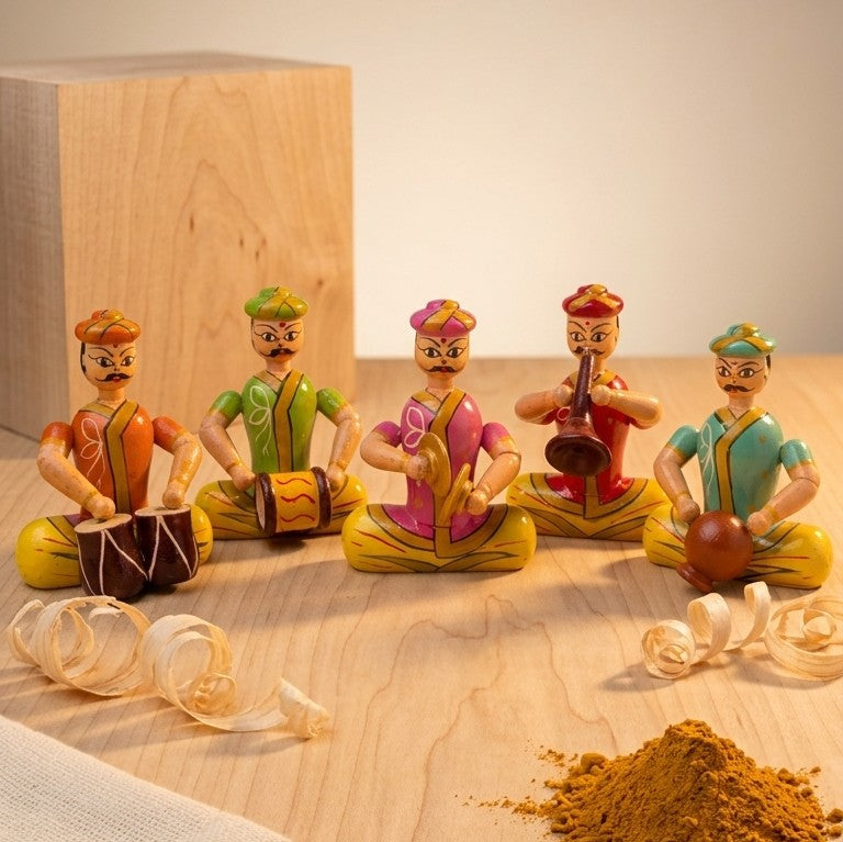 Wooden Indian Folk Musicians – 5-Piece Sangeet Mandali Troupe