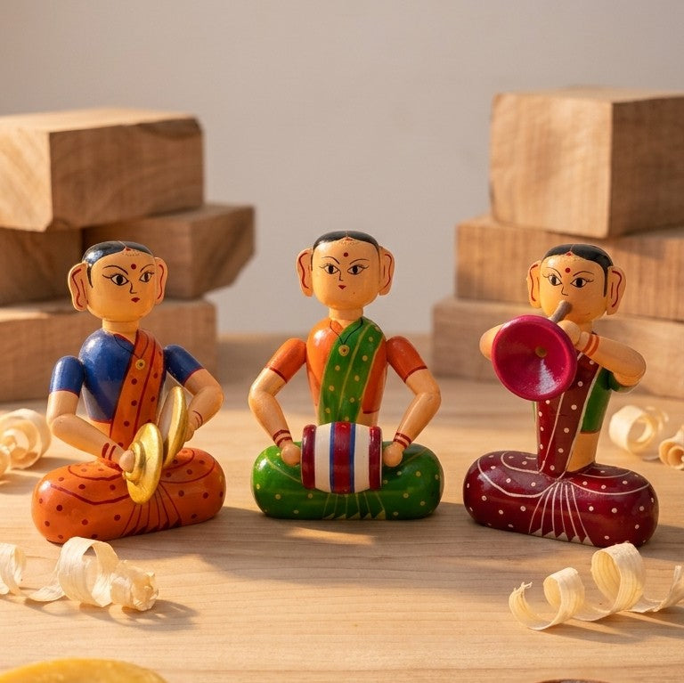 Wooden Royal Lady Musicians Ensemble – Set of 3 Folk Art Statues