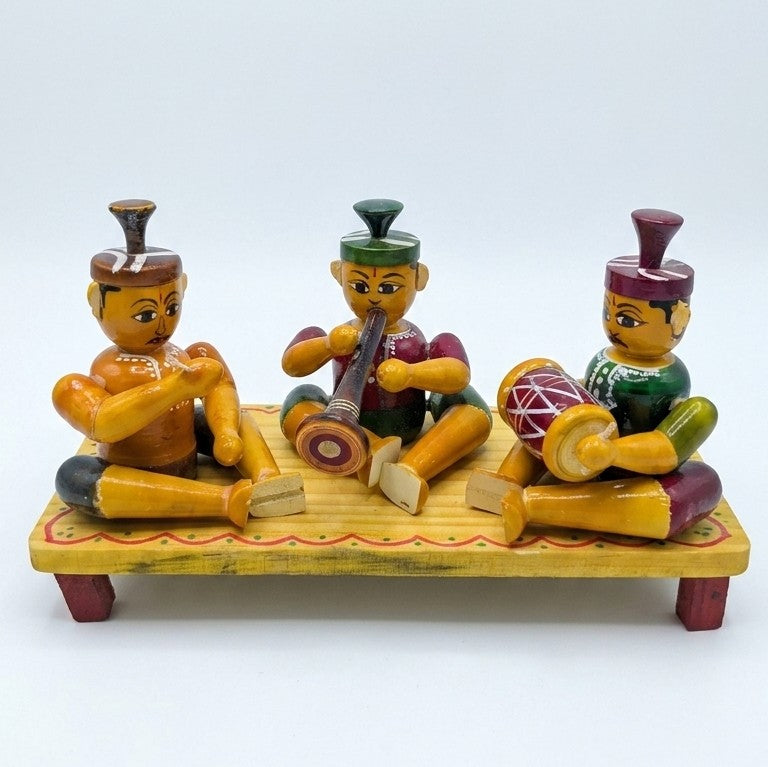 Wooden Indian Musician Trio on Platform – Traditional Sangeet Set