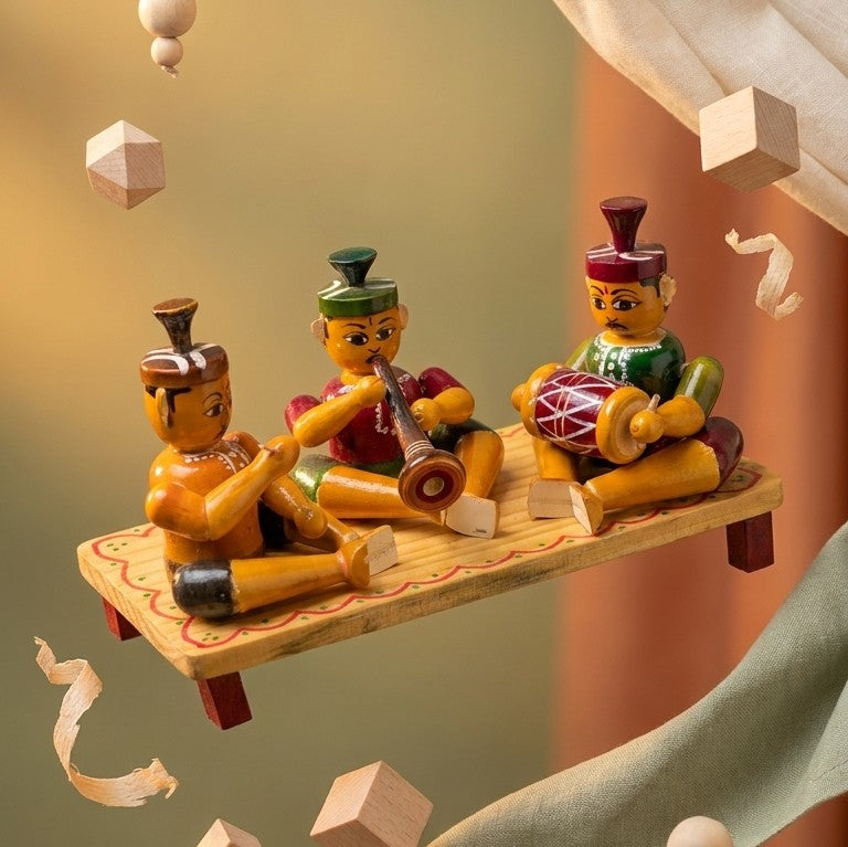 Wooden Indian Musician Trio on Platform – Traditional Sangeet Set