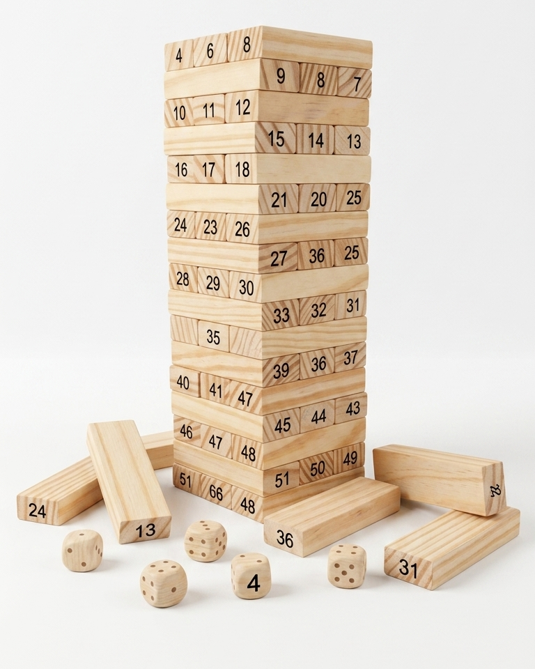 Wooden Numbered Tumbling Tower Jenga – 54-Piece Math Stacking Game