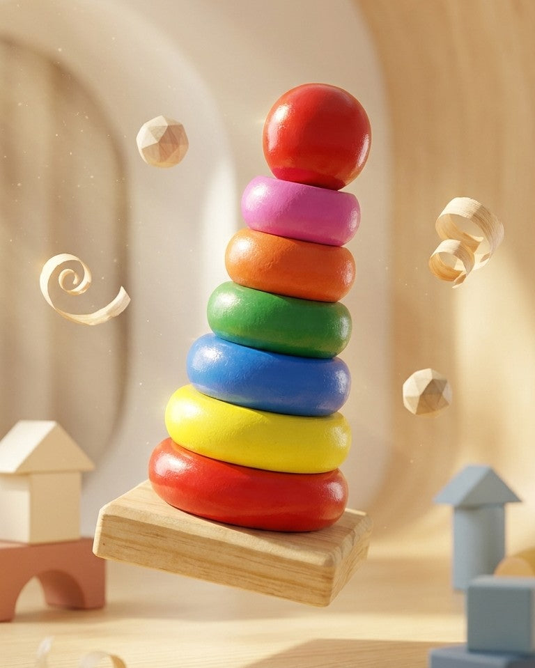 Handcrafted Wooden Rainbow Ring Stacker – 7-Piece Sensory Tower