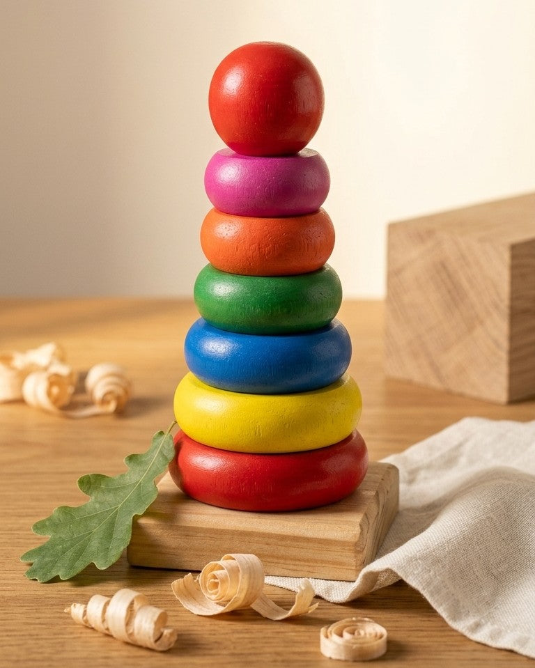 Handcrafted Wooden Rainbow Ring Stacker – 7-Piece Sensory Tower