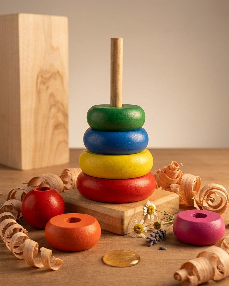 Handcrafted Wooden Rainbow Ring Stacker – 7-Piece Sensory Tower