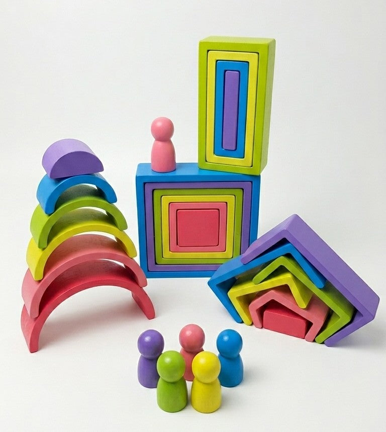 Wooden Geometric Rainbow Stacker – 4-in-1 Montessori Nesting Toy