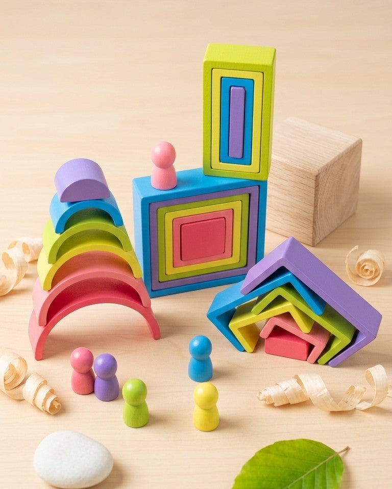 Wooden Geometric Rainbow Stacker – 4-in-1 Montessori Nesting Toy