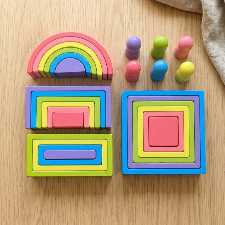 Wooden Geometric Rainbow Stacker – 4-in-1 Montessori Nesting Toy