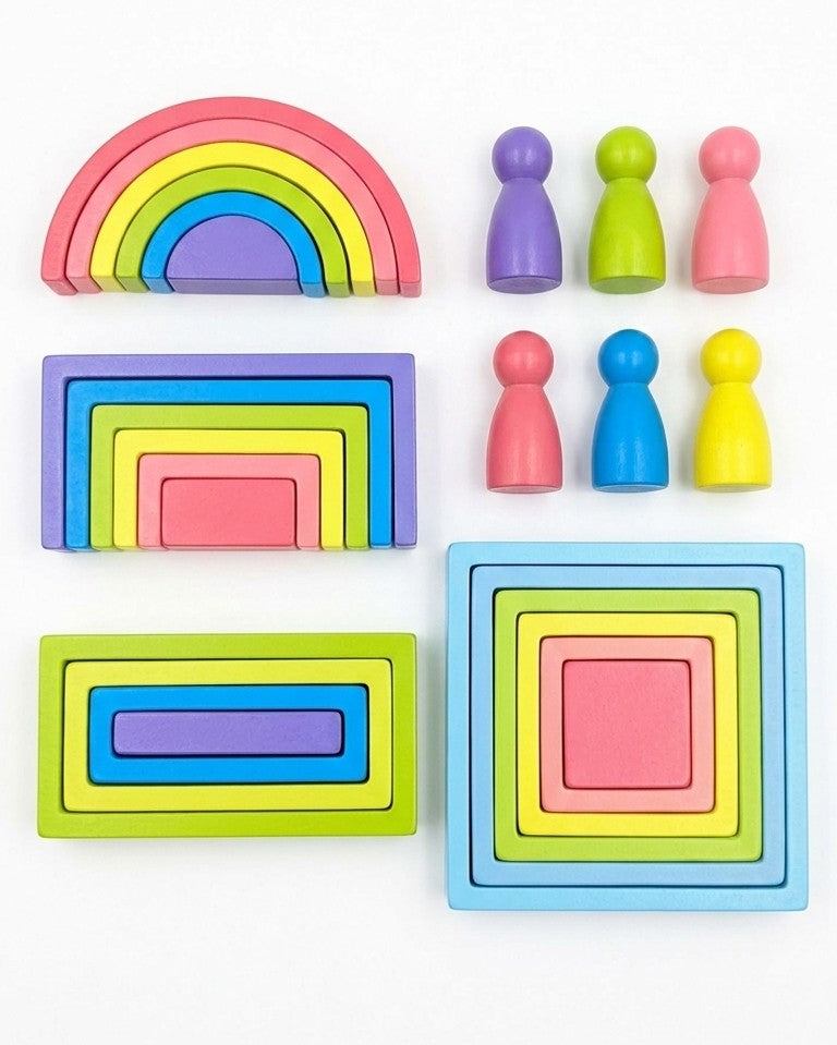 Wooden Geometric Rainbow Stacker – 4-in-1 Montessori Nesting Toy