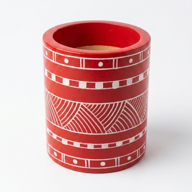 Wooden Red Pottery Pen Stand – Handcrafted Desk Organizer