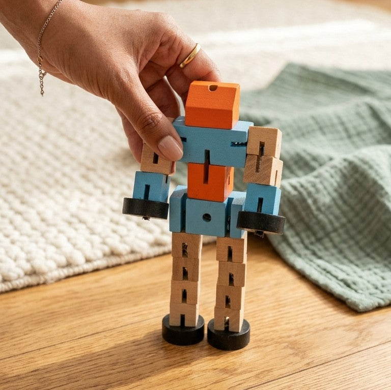 Wooden RobbieMad Poseable Robot – Articulated Action Figure