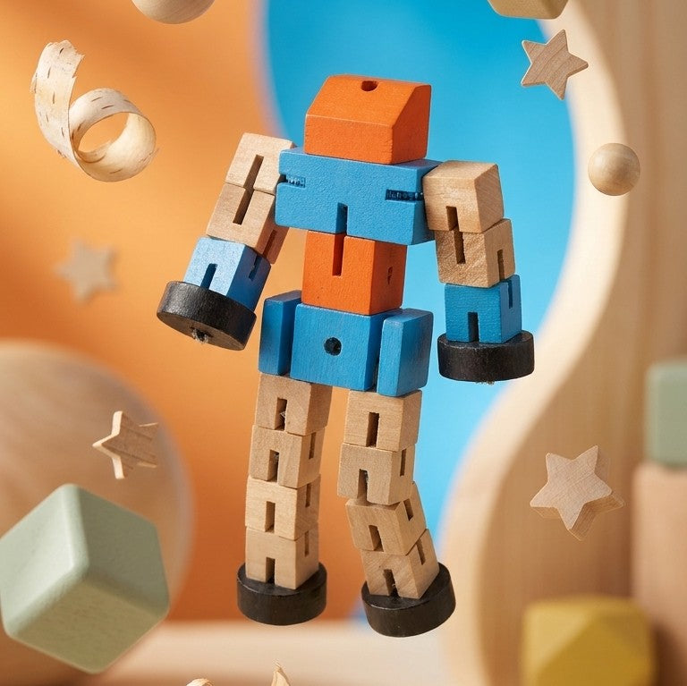 Wooden RobbieMad Poseable Robot – Articulated Action Figure