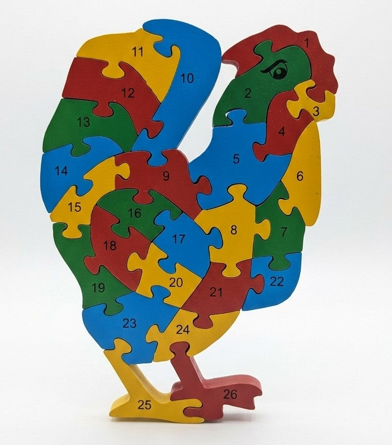 Wooden Rooster Number Puzzle – 1-26 Counting & Alphabet Jigsaw