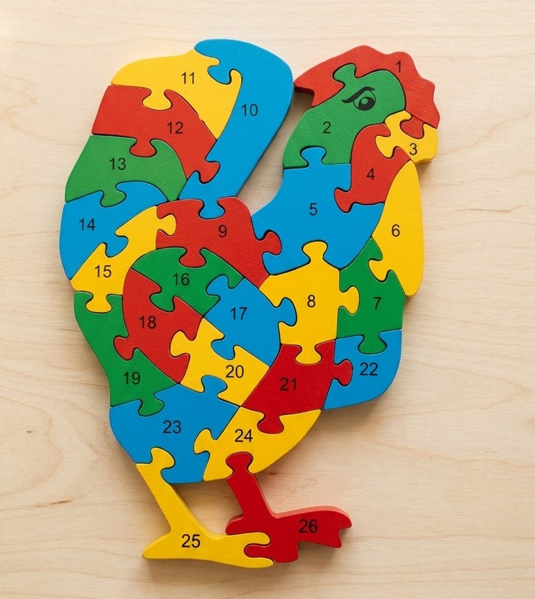 Wooden Rooster Number Puzzle – 1-26 Counting & Alphabet Jigsaw