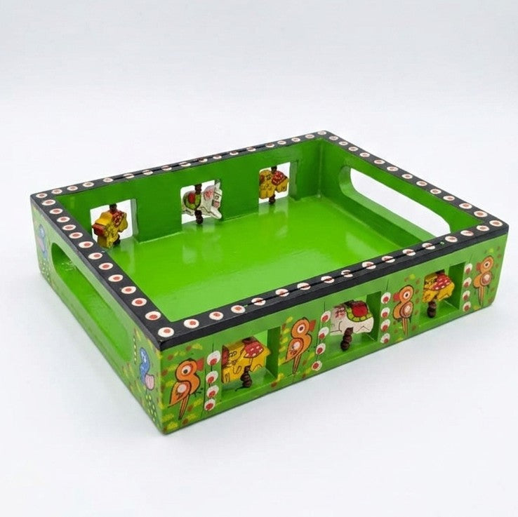 Wooden Rajasthani Serving Tray – Hand-Painted Ethnic Platter with Handles