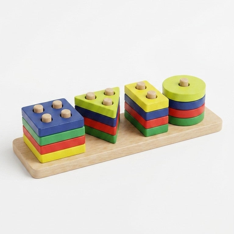 Wooden Shape Sorting & Stacking Board – 16-Piece Geometric Toy