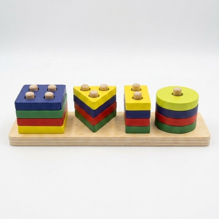 Wooden Shape Sorting & Stacking Board – 16-Piece Geometric Toy