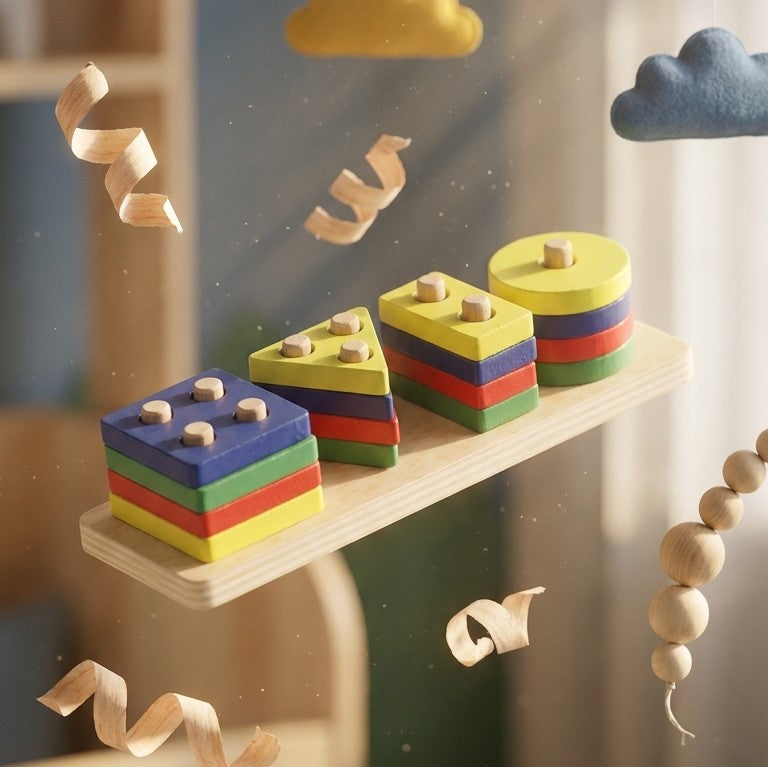 Wooden Shape Sorting & Stacking Board – 16-Piece Geometric Toy