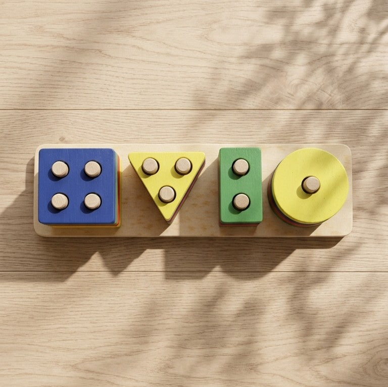 Wooden Shape Sorting & Stacking Board – 16-Piece Geometric Toy
