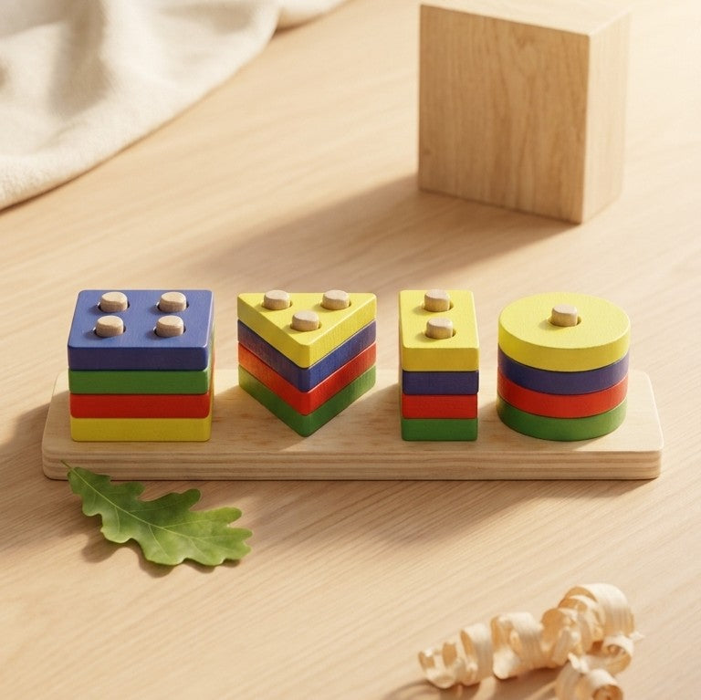 Wooden Shape Sorting & Stacking Board – 16-Piece Geometric Toy