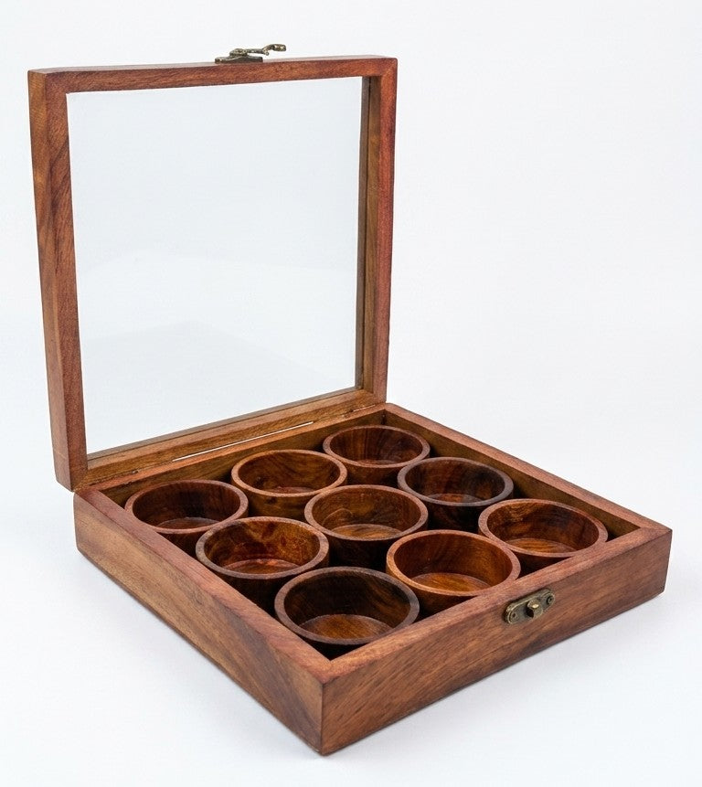 Wooden Heritage Masala Spice Box – 9-Jar Glass Lid Spice Organizer